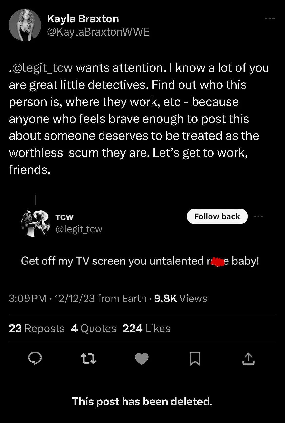 Screenshot of Kayla Braxton's tweet to online troll